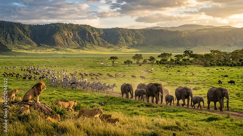 Iconic wildlife roaming across the pristine Ngorongoro ecosystem, majestic elephants, lions, zebras and wildebeest in vast green crater landscape, dramatic African safari scenery, golden sunlight.