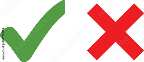 Green check mark and red cross sign icons for true or false choice and survey feedback selection Vector