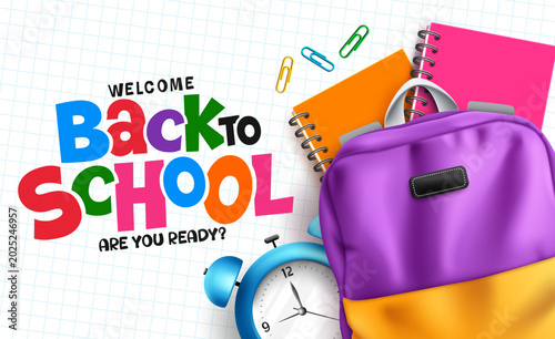 Back to School greeting text clipart banner design. Back to School colorful text clip art with School supplies like backpack, spiral notebook, alarm clock and paper clip in grid paper background 