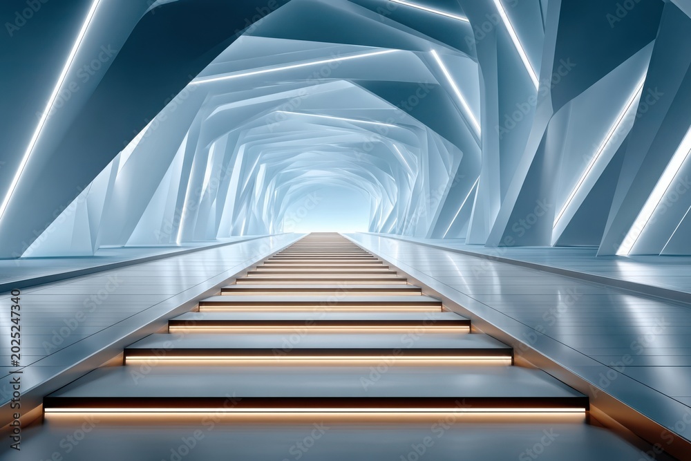 Fototapeta premium Futuristic blue tunnel with glowing steps and abstract digital architecture leading to bright light