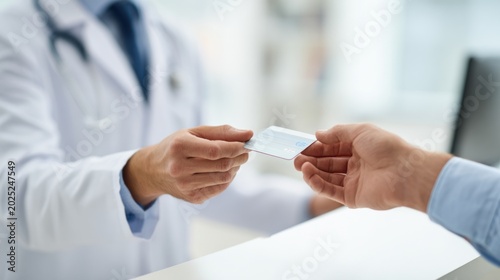 Doctor in white coat hands patient a health insurance card at a reception desk in a modern medical office environment