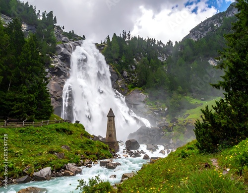 A serene waterfall surrounded by lush greenery and a tower