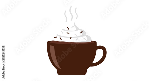 Steaming cup of hot chocolate with whipped cream and sprinkles isolated