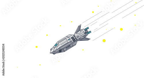 Stylized illustration of a rocket ship in motion on a white background