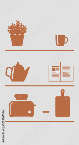 Stylized shelf arrangement with teapot cup plant cutting board and book