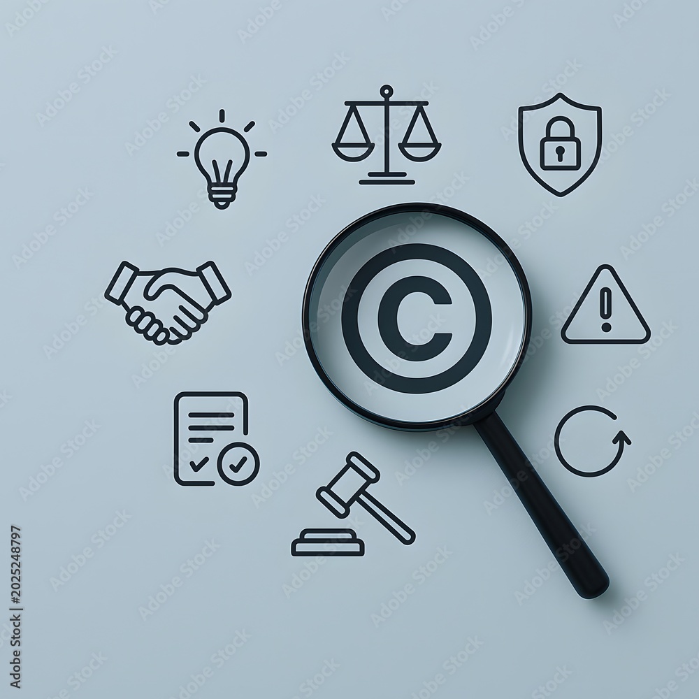 Fototapeta premium Magnifying glass over a copyright symbol surrounded by legal and intellectual property icons on a blue background