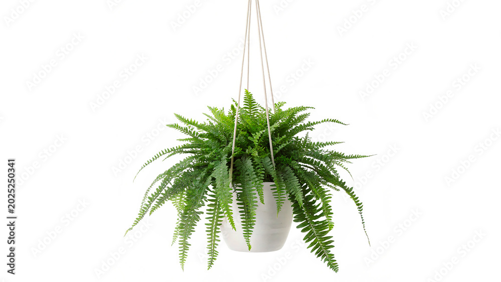 Φωτογραφία A green domestic houseplant fern hanging gracefully inside a white hanging baske