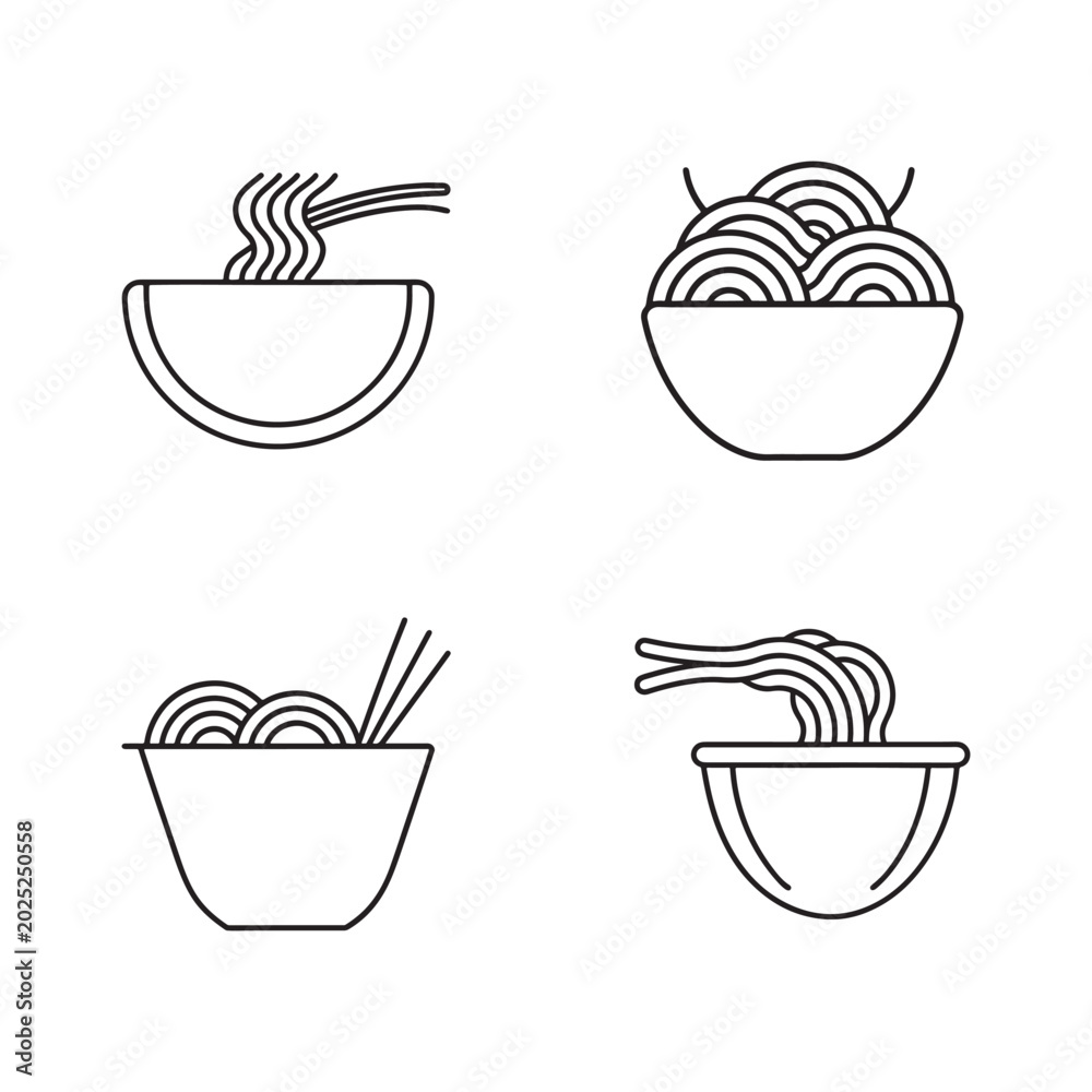 Fototapeta premium Four line drawing noodles in bowls with chopsticks isolated on white background