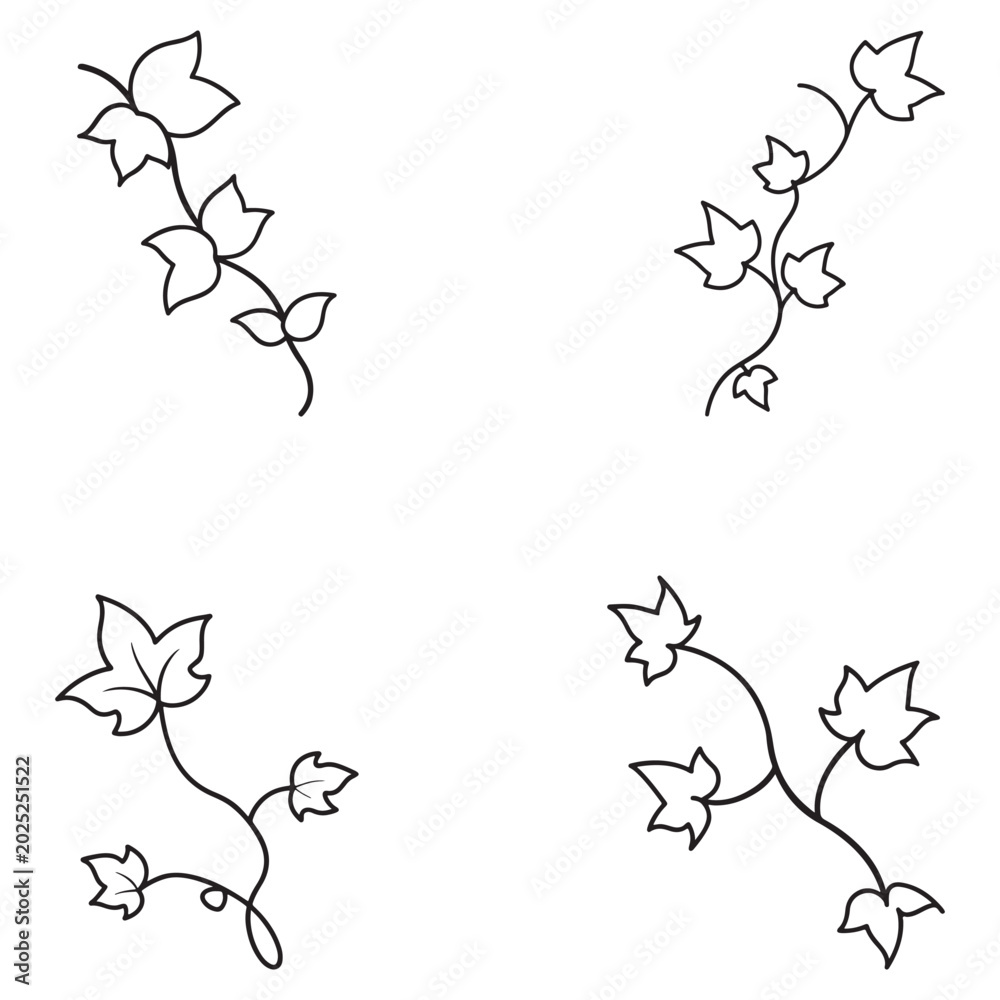 Fototapeta premium Set of four different minimalist line art illustrations of leafy vine stems with various leaf shapes and branch curves simple elegant botanical designs