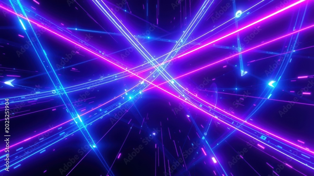 Fototapeta premium Bright neon lines intersect, creating dynamic abstract tunnel. Vivid purple, blue hues dominate dark background. Futuristic, energetic visuals.