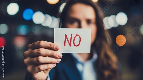 Woman holding no sign card with refusal and rejection concept background