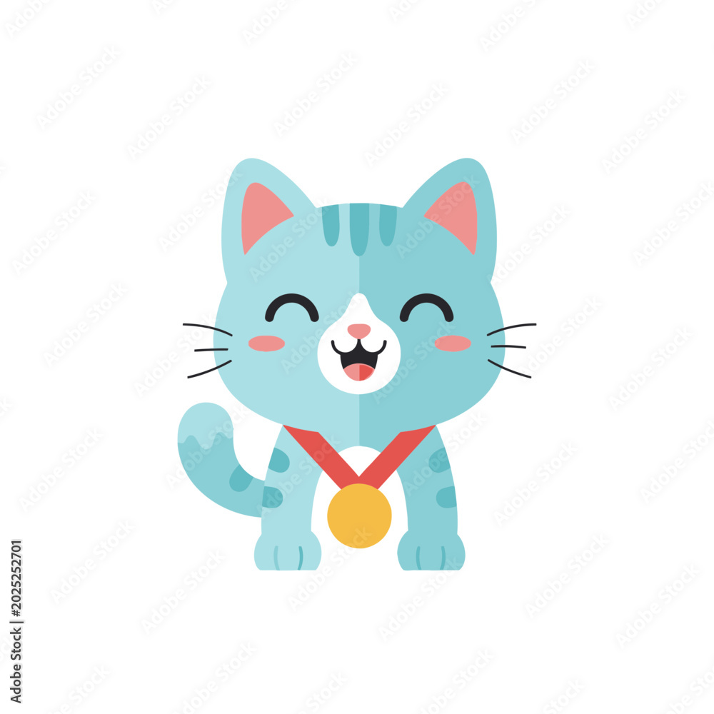 Fototapeta premium Cute Blue Cat Cartoon Character with Gold Medal