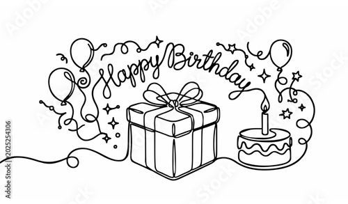 Photography Continuous one line birthday gift box illustration with festive celebration icon
