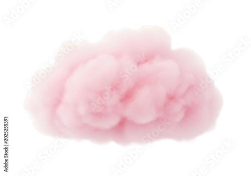 Pink fluffy cloud isolated on white background, soft pastel cotton candy texture, ethereal dreamy smoke element for creative design and overlays