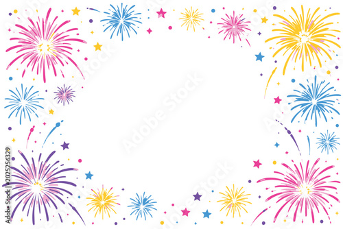 Colorful watercolor fireworks burst in celebration.