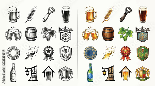 Fotografía Collection of beer-related icons and illustrations in both sketch and color styles