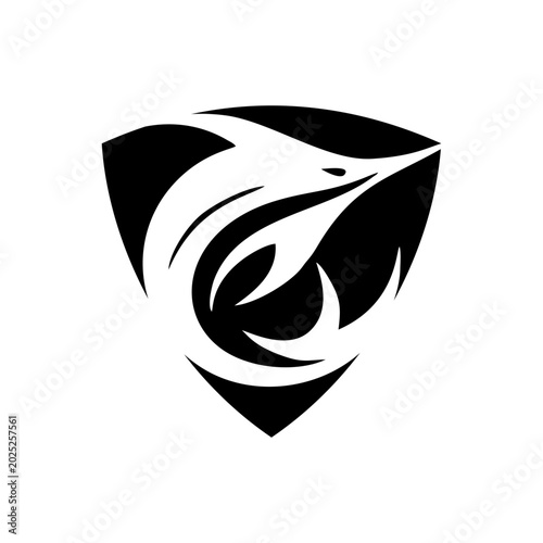 Shield style marlin emblems suitable for security, police, agency and authority branding. Badge concept for protection and control identity.