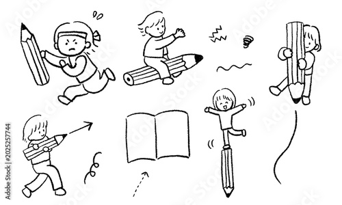 大きな鉛筆と子供のゆるくてかわいい手描きイラストセット