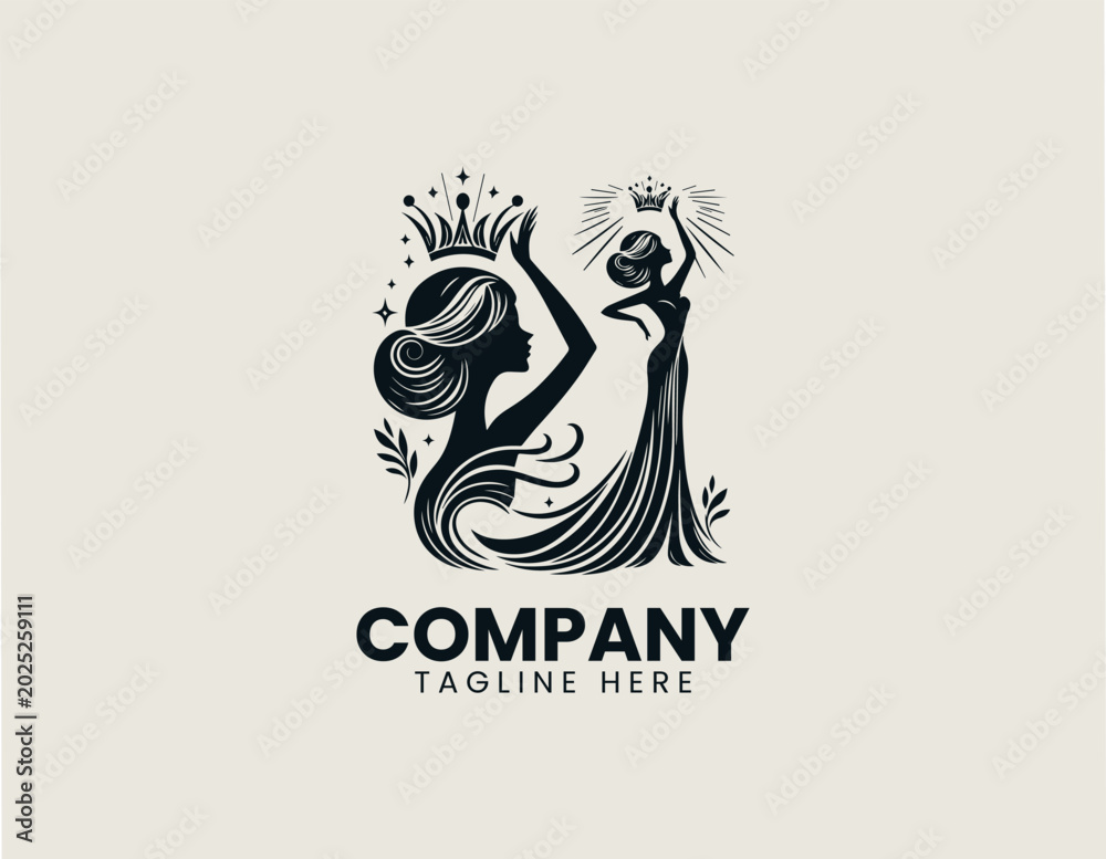Fototapeta premium Elegant crowned woman holding tiara black vector illustration