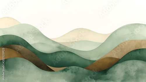 Abstract watercolor landscape background with green and brown wavy hills