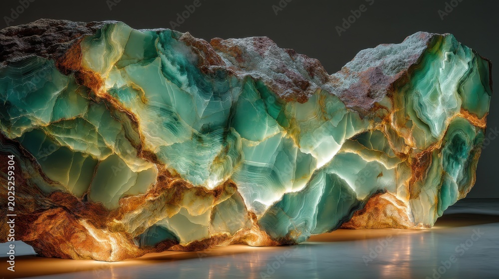 Obraz premium Stunning backlit green onyx veins in natural rough stone slab with glowing translucent turquoise bands and brown exterior, dramatic mineral cross-section, professional macro photography for luxury de