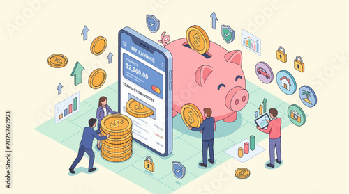 Isometric illustration of people saving money with a piggy bank and mobile banking app, symbolizing financial management and investment.