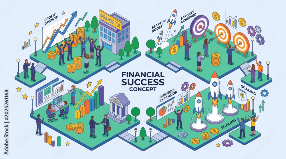 Obraz premium Financial Success Concept with Isometric Business People, Growth Charts, and Startup Rockets Illustrating Investment and Achievement.