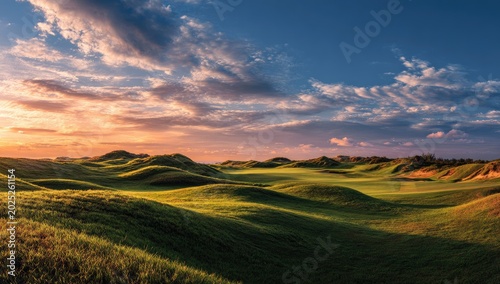 Rolling green hills of a coastal golf course at sunset