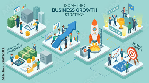 Isometric business growth strategy with financial foundation, setting targets, and success achievement.