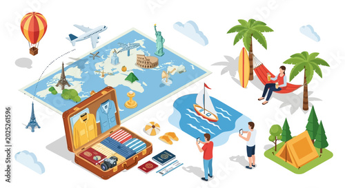 Isometric travel concept with world map landmarks and suitcase