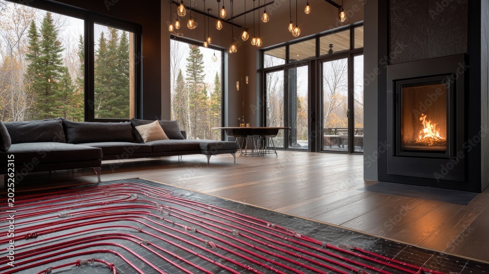 Naklejka premium Modern living room with radiant floor heating, large windows, and fireplace