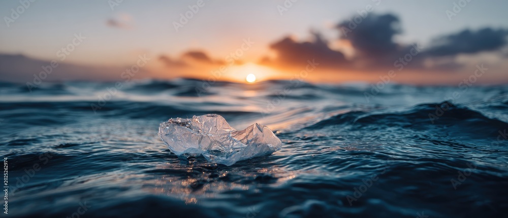 Naklejka premium Plastic trash floats on ocean waves at sunset, a stark contrast