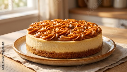 Decadent dulce de leche cheesecake with swirled topping on a rustic plate, bathed in soft sunlight