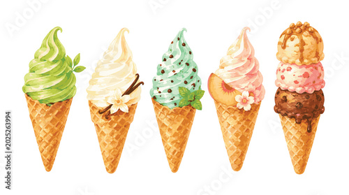 Konstfotografi Five delicious ice cream cones with various flavors and toppings.