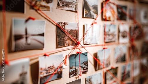 Photographs pinned to a board, connected by a network of red string