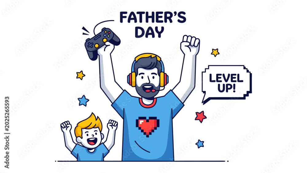 Fototapeta premium Father's Day Gaming Celebration: A father and son bond over video games on Father's Day, with the father exclaiming Level Up! and holding a controller, celebrating their shared passion.