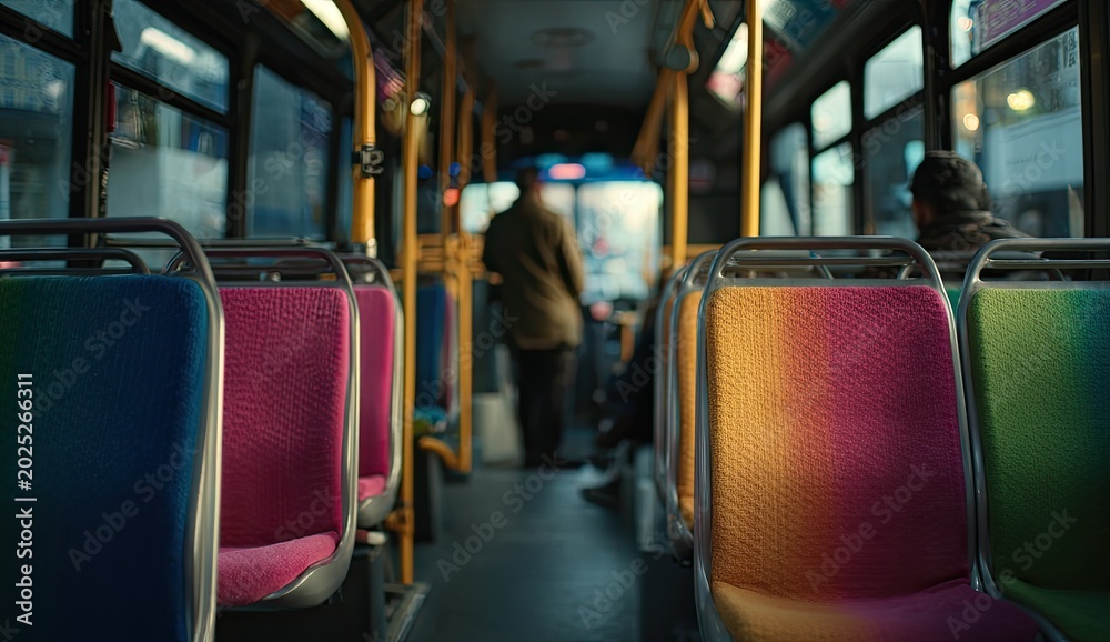 Fototapeta premium Colorful seats line the interior of a public bus with passengers visible in the distance