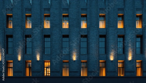 Illuminated windows in a dark, multi-story brick facade create a rhythmic pattern