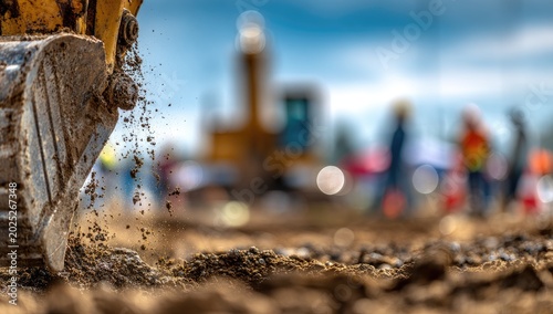 Close-up of excavator bucket digging dirt, blurred figures in background