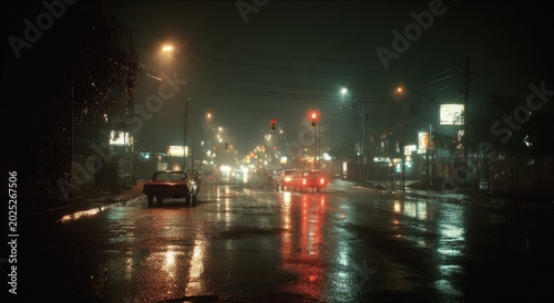 Rainy night street scene with glowing lights and reflections on wet asphalt
