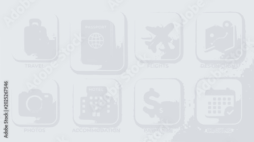 Travel Icons Set: Passport, Airplane, Luggage, Camera, Hotel, Money, Calendar