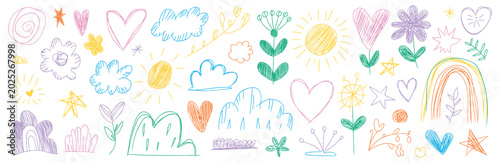 Foto Cute kids nature elements and love heart doodle set