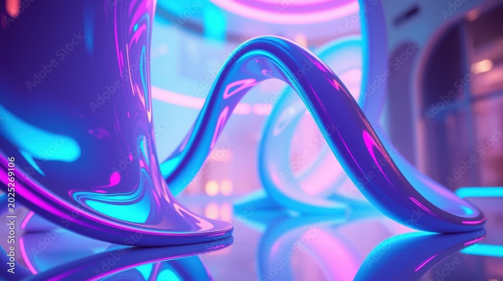 Fototapeta premium Abstract shapes, vibrant neon colors, glossy reflections. Futuristic interior design, smooth curves, dynamic composition. Minimalist aesthetic.