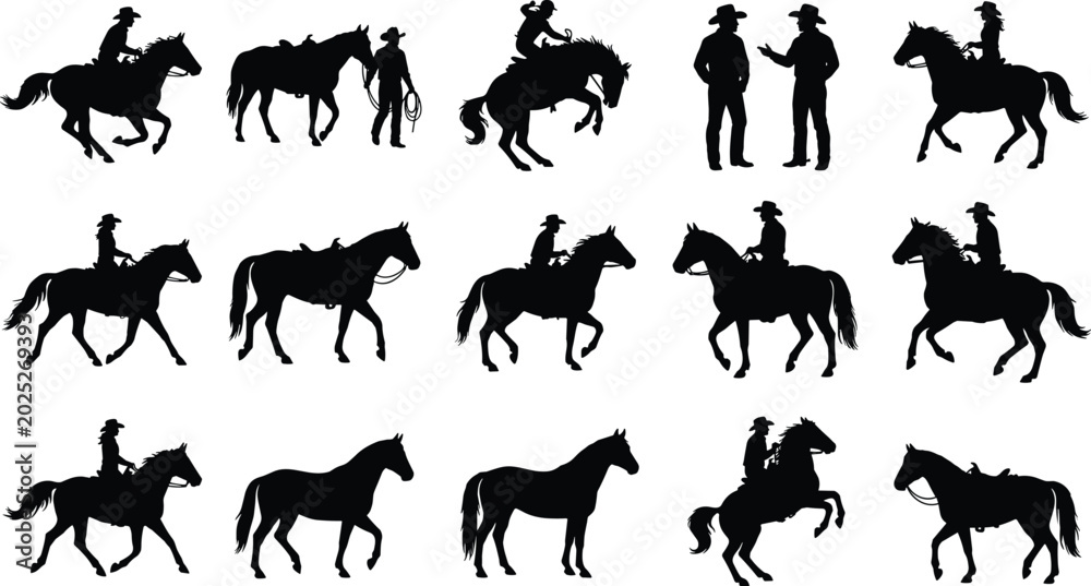 Fototapeta premium Western Cowboy and Horse Silhouette Collection Featuring Rodeo Riders Ranch Lifestyle and Equestrian Vector Set