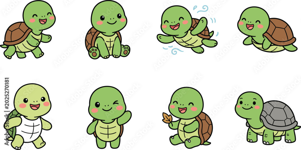 Fototapeta premium Cute Turtle Cartoon Character Collection Featuring Walking Swimming Sitting Waving and Happy Baby Turtle Poses for Adorable Wildlife Vector Illustration Designs