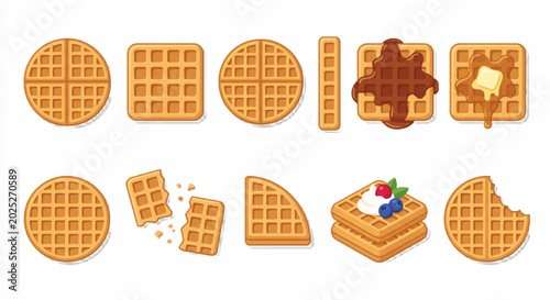 Photos Belgian waffle vector set with 11 breakfast food elements, golden brown toasted