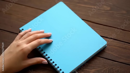 Close-up of a hand touching a blue notebook on a wooden table.