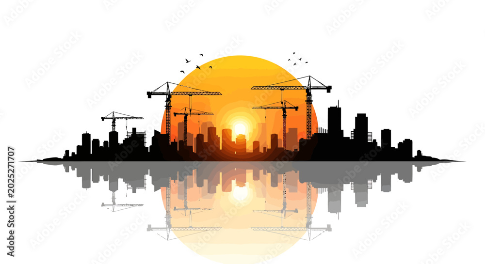 Obraz premium City skyline silhouette with construction cranes at sunset.