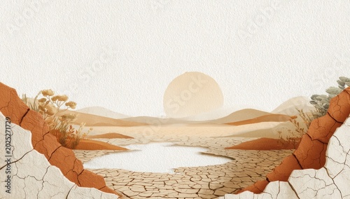 Cracked earth reveals small pool amidst arid landscape at sunset