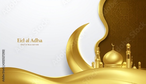 Eid al-Adha, Islamic background, Golden crescent moon, Mosque dome, Eid Mubarak, White and gold, Islamic festival, Holy celebration, 3D islamic elements, Ramadan background.